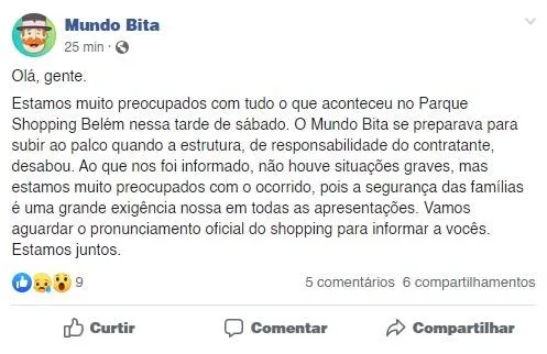 Equipe do show atribuiu ao shopping a responsabilidade pelo desabamento da estrutura