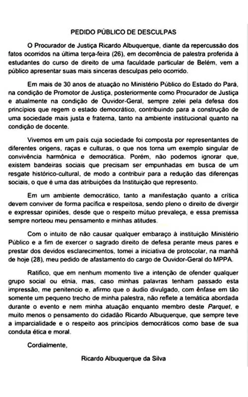 Procurador paraense pede desculpas por fala racista