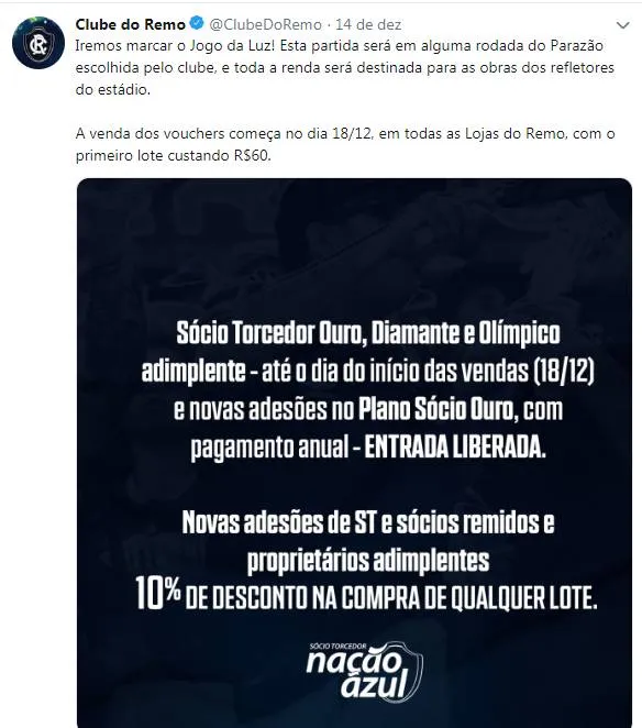 Remo lança campanha para restabelecer iluminação do Baenão