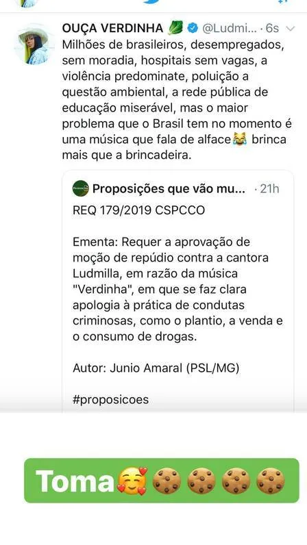 PF é acionada contra Ludmilla pelo crime de apologia às drogas 