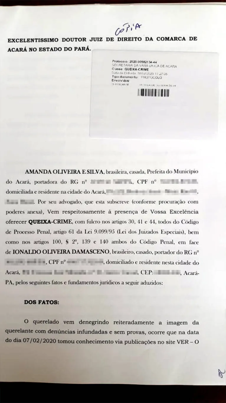 Prefeita
de Acará se defende das acusações contra gestão no município
