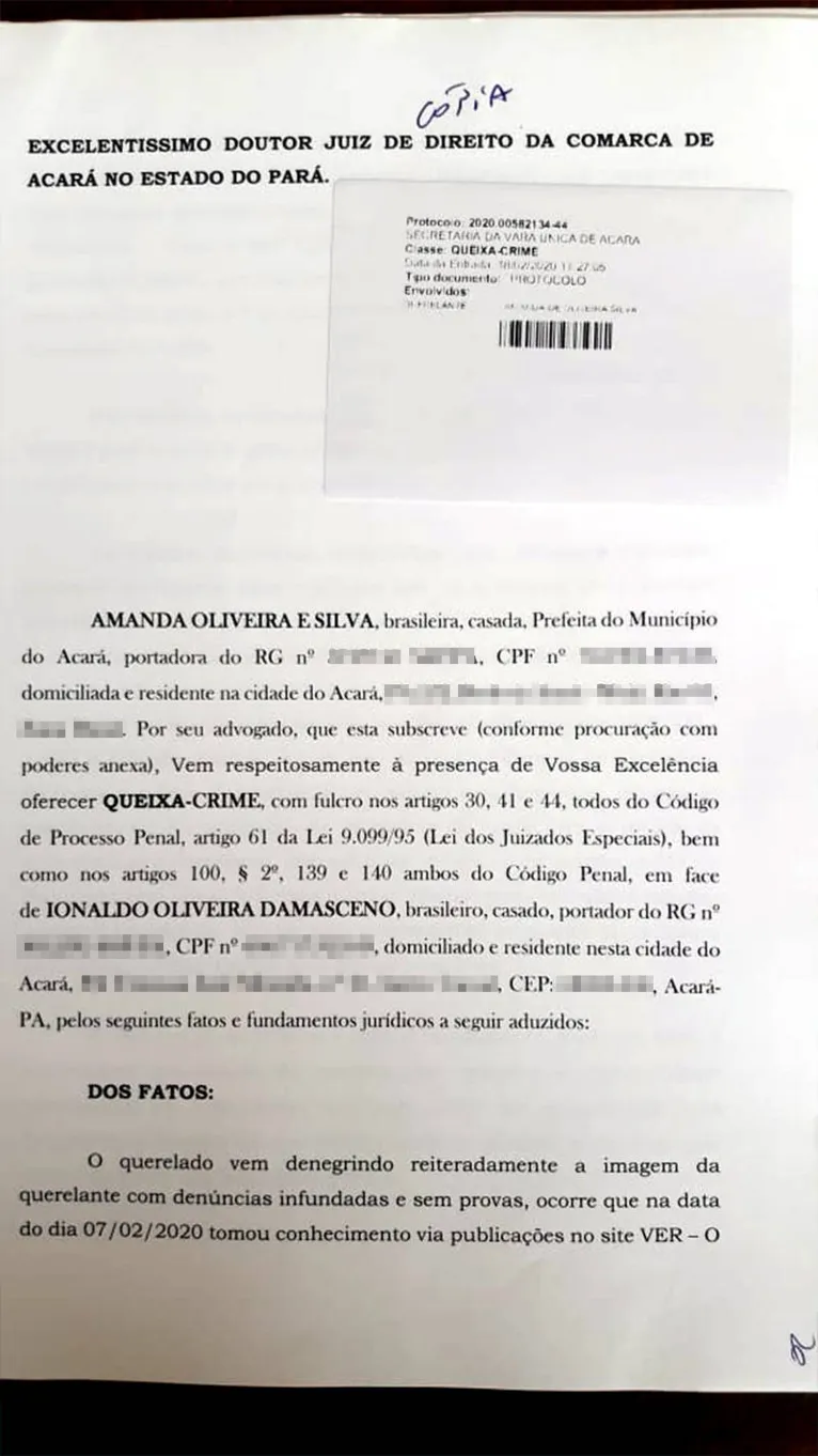 Prefeita
de Acará se defende das acusações contra gestão no município