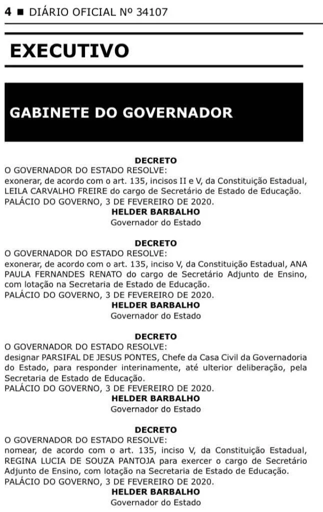 Pará: secretária de Educação é exonerada e chefe da Casa
Civil assume interinamente