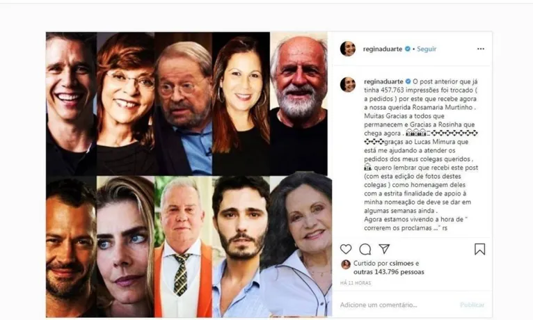 Regina
Duarte retira colagem após ser criticada por colegas por associá-los a
Bolsonaro