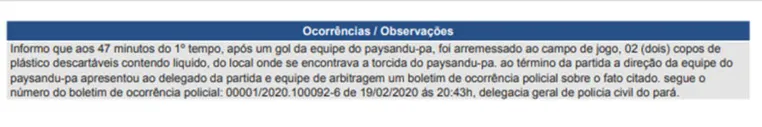 Árbitro cita objeto atirado para o gramado durante partida entre Paysandu X CRB-AL