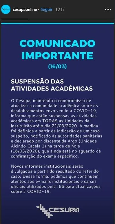 Universidades e faculdades suspendem aulas em todo o Pará