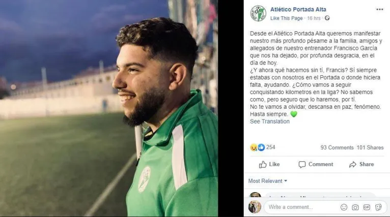 Clube lamenta a morte do treinador