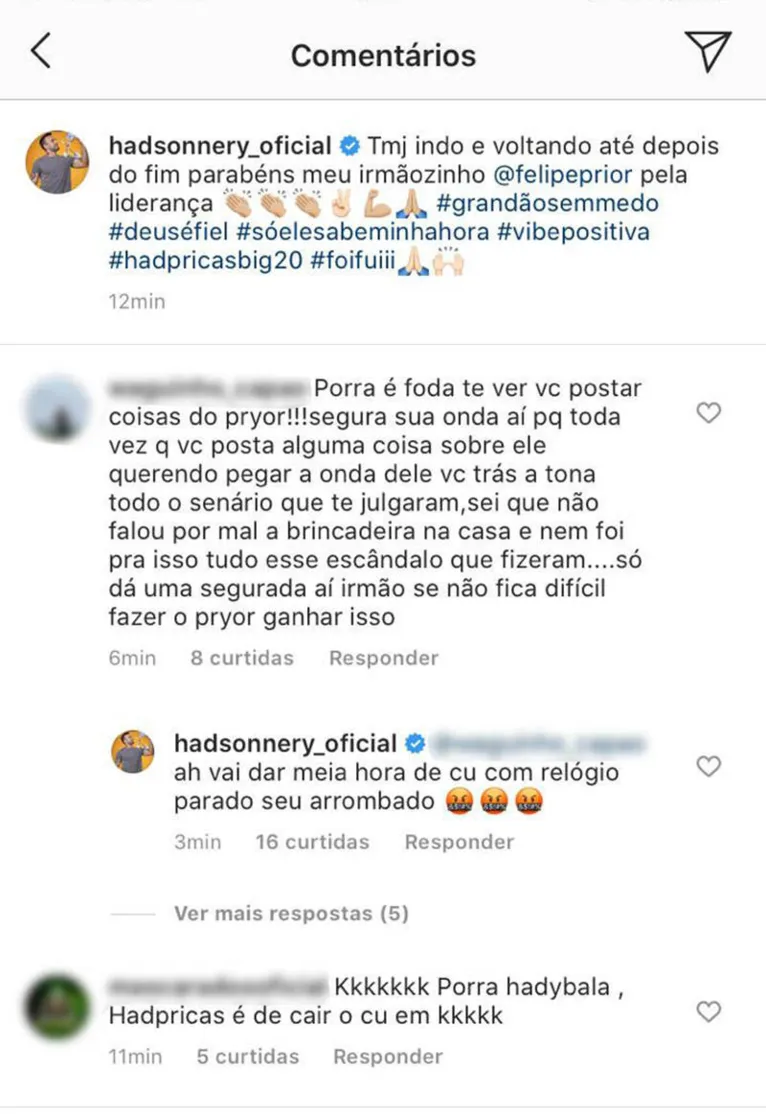 Prior é o novo líder do BBB e Hadson ofende seguidores após resultado