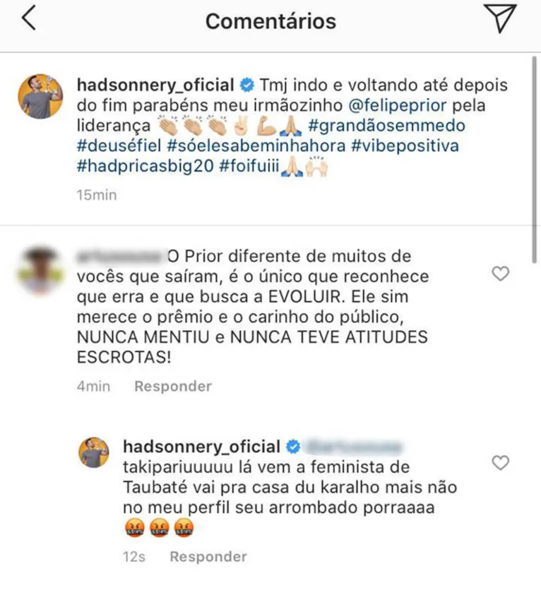 Prior é o novo líder do BBB e Hadson ofende seguidores após resultado