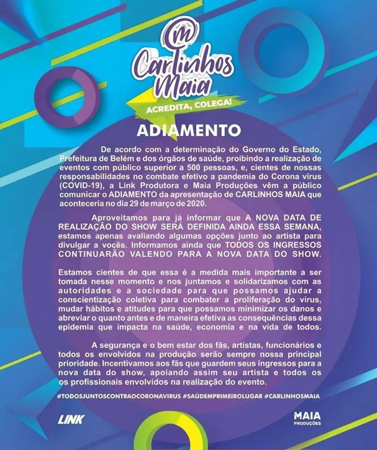 Coronavírus: Saia Rodada, Dire Straits e Carlinhos Maia são cancelados em Belém