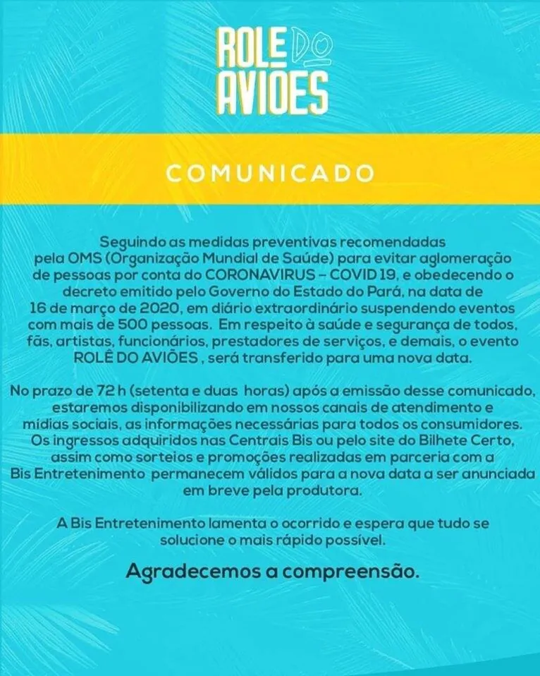 Coronavírus: Saia Rodada, Dire Straits e Carlinhos Maia são cancelados em Belém