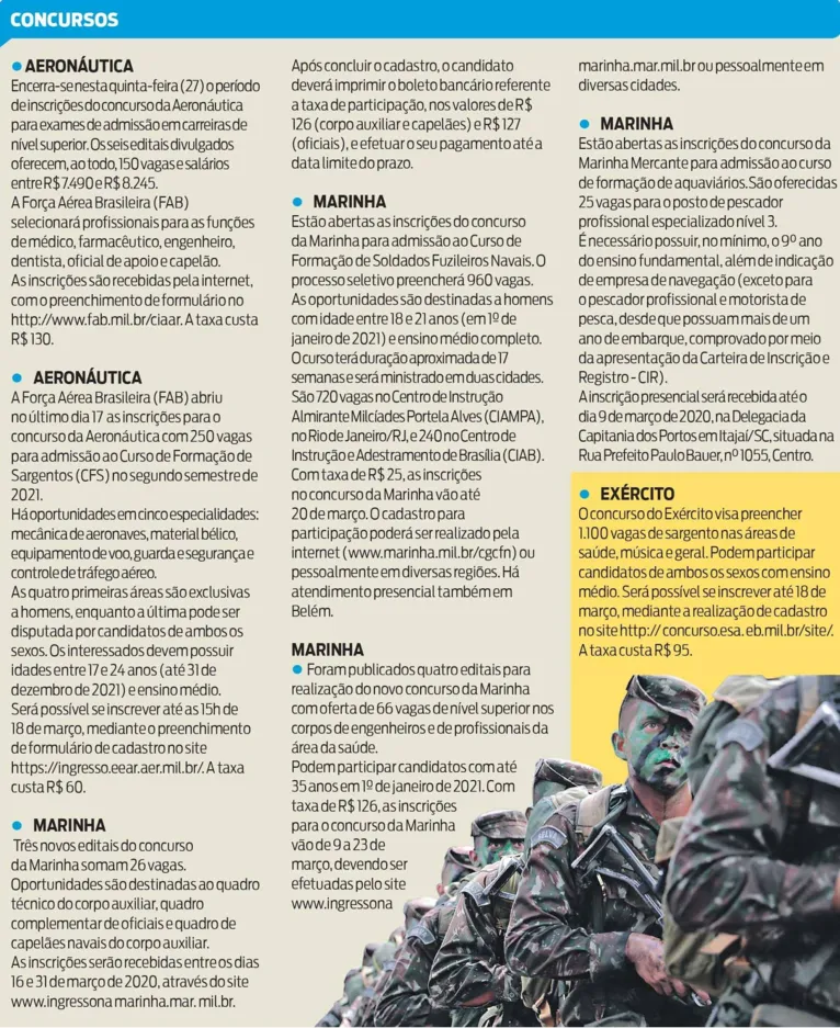 Concursos para as Forças Armadas oferecem 2.500 vagas