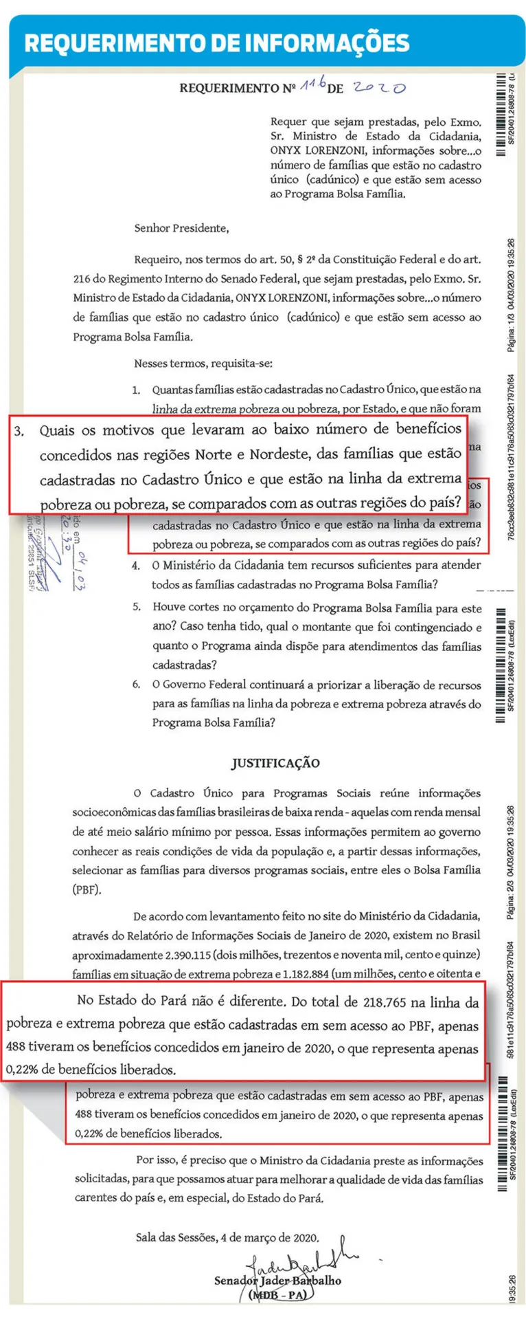 Bolsa Família: Jader cobra explicações para baixo atendimento aos paraenses