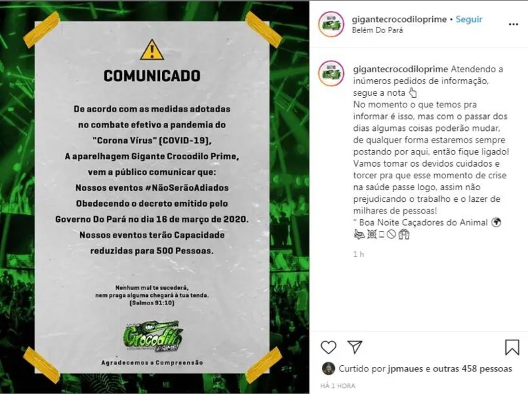 Aparelhagem
Crocodilo anuncia que festas não serão adiadas por causa do coronavírus
