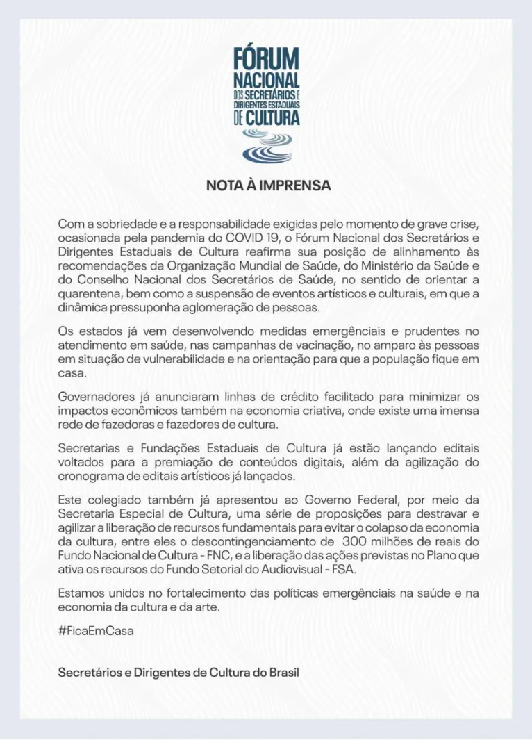 Secretários de Cultura reforçam compromisso em época de pandemia ao coronavírus