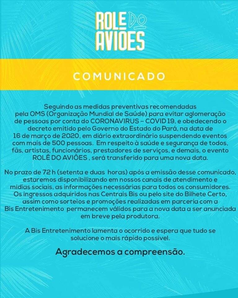 Coronavírus: Saia Rodada, Dire Straits e Carlinhos Maia são cancelados em Belém