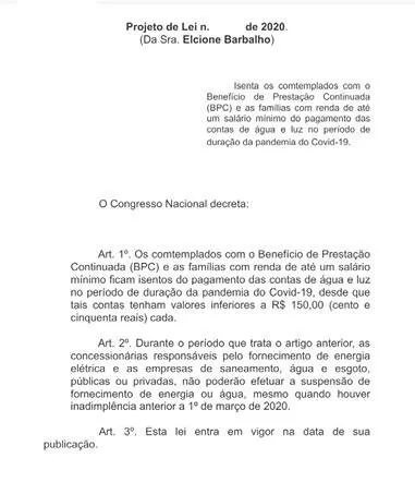 Elcione quer isenção de pagamento de água e luz