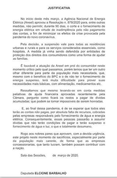 Elcione quer isenção de pagamento de água e luz