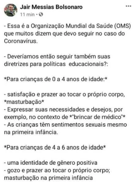 Bolsonaro acusa o OMS de incentivar masturbação e homossexualidade de crianças