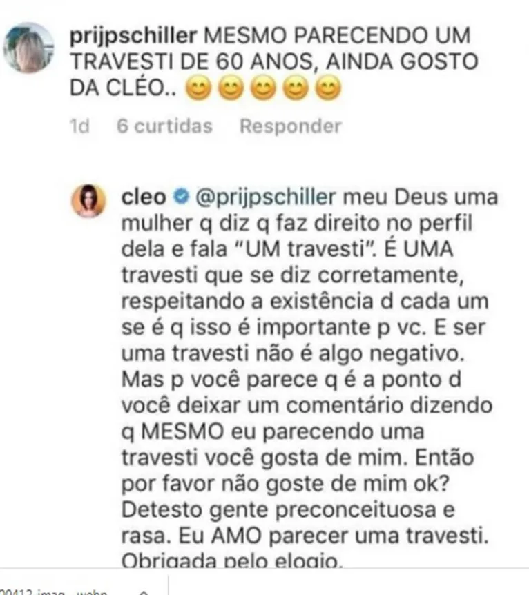 Cleo Pires rebate fã que a chamou de “travesti idosa”. Veja! 