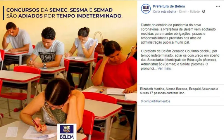 Prefeitura de Belém adia concursos municipais por tempo indeterminado
