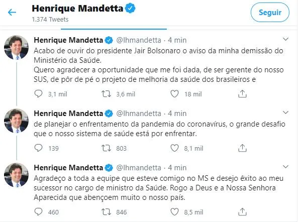 Mandetta está fora do Ministério da Saúde e Bolsonaro nomeia novo ministro