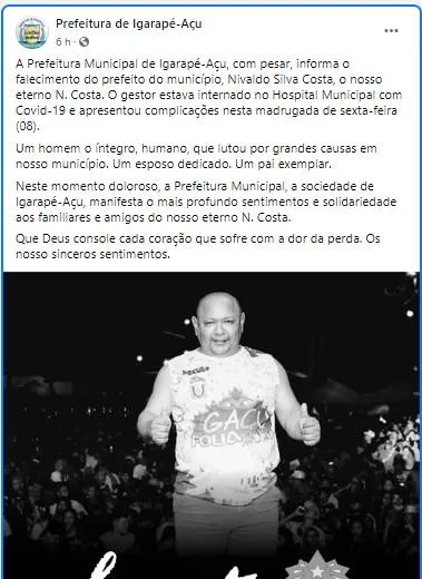 Prefeito de Igarapé-Açu morre por covid-19 após postar vídeo otimista no hospital