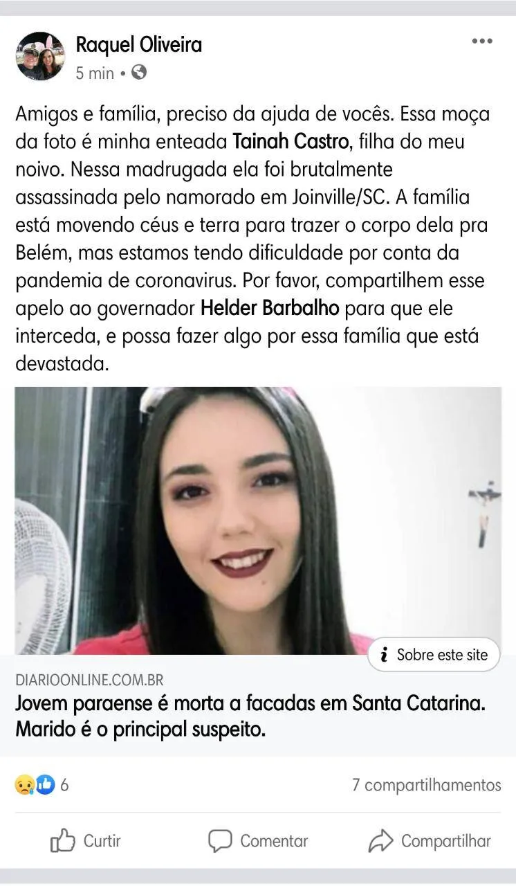 Governo do Pará fará o traslado do corpo de paraense que foi morta em Joinville