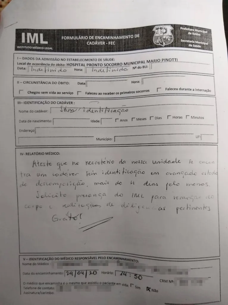 Documento emitido pelo IML.