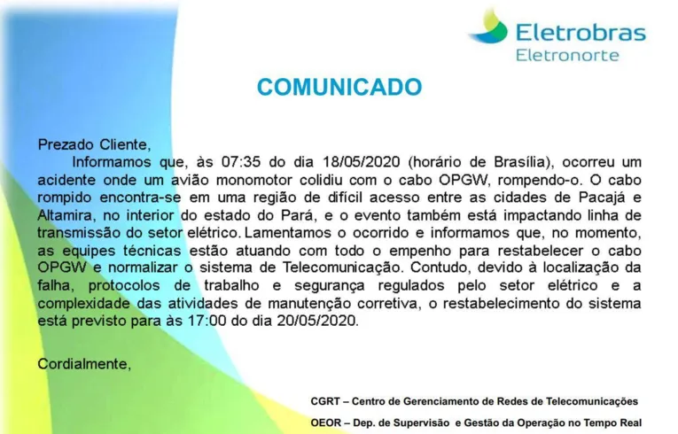 Cidades paraenses sem internet após acidente aéreo voltam a ter sinal