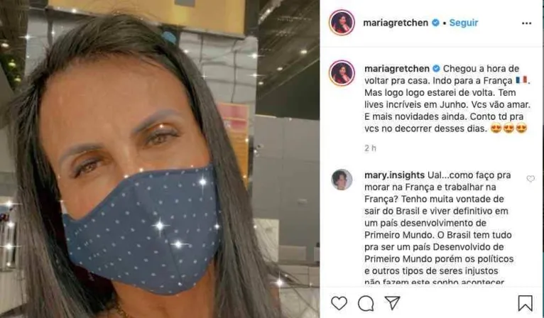 Mascarada, Gretchen fura quarentena e embarca para França