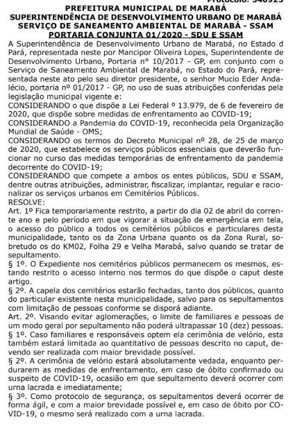 Marabá proíbe velórios e determina caixão lacrado para óbitos suspeitos de Covid-19
