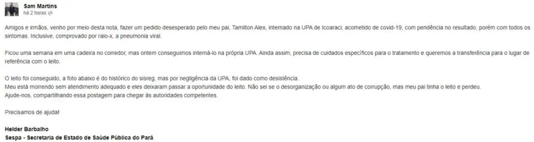 Homem com Covid-19 perde leito e filho responsabiliza assistente social da UPA de Icoaraci