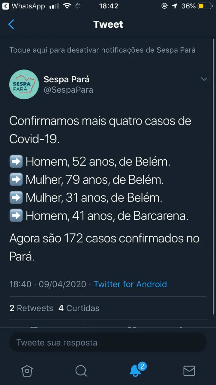 Sespa confirma mais um caso de Covid-19 e número sobe para 169 no Pará