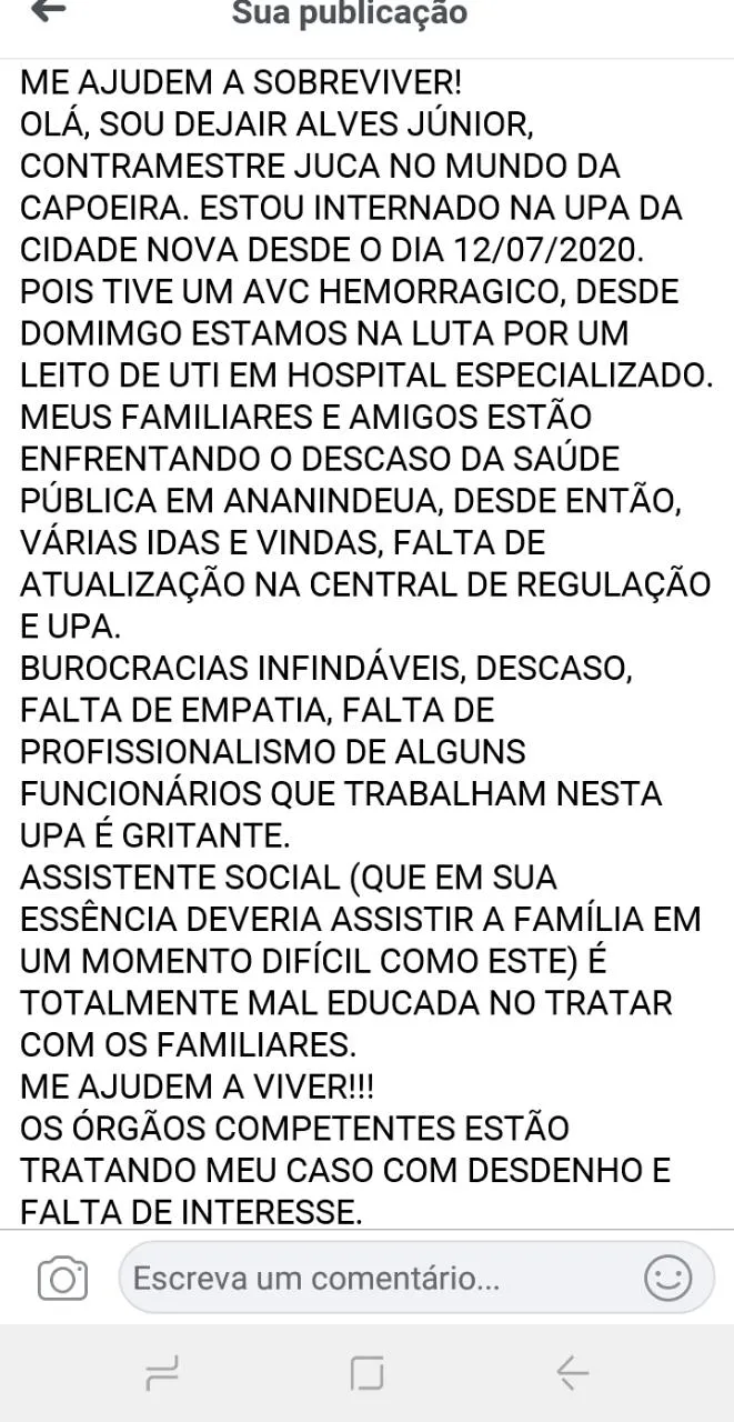 Paciente com AVC hemorrágico aguarda por transferência na UPA da Cidade Nova  