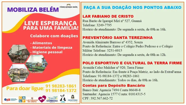Projeto social recebe doações para famílias de Belém. Saiba como ajudar!