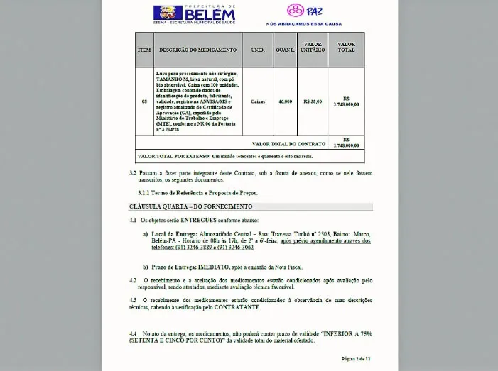 Contrato das luvas emitidas pela prefeitura.