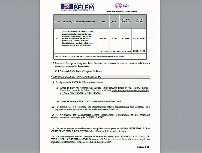 Contrato de toucas emitidas pela prefeitura.