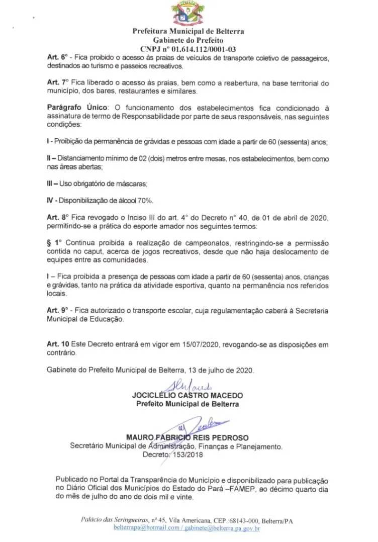 Praias, bares e restaurantes serão liberados em Belterra a partir de quarta (15)