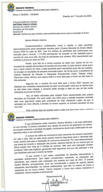 Jader questiona MEC após novo adiamento de data do Enem