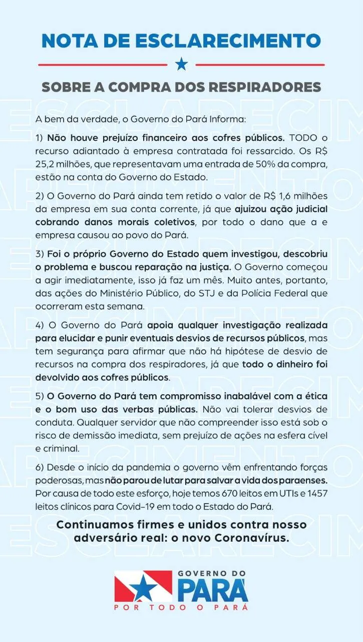 Nota de esclarecimento sobre compra de respiradores