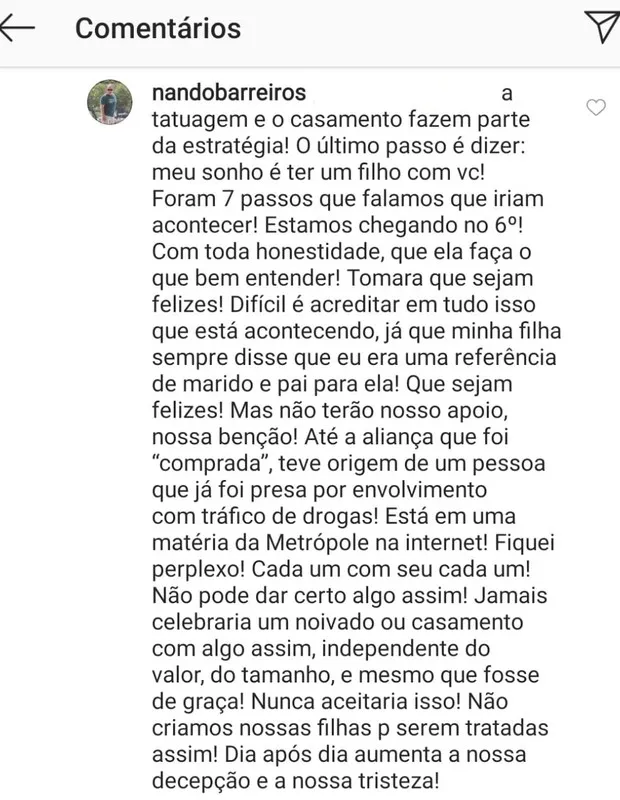 “Decepção e tristeza”, diz pai de noiva de Nego do Borel