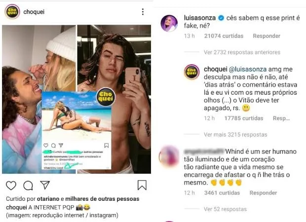 Vitão é chamado de 'talarico' em foto de Luisa e Whindersson  e ela o defende
