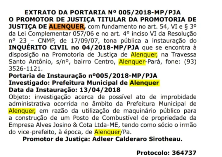 Alenquer: MP investiga uso de máquinas públicas em posto de irmão do prefeito 