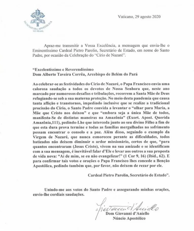 Papa Francisco envia mensagem aos devotos do Círio de Nazaré 2020