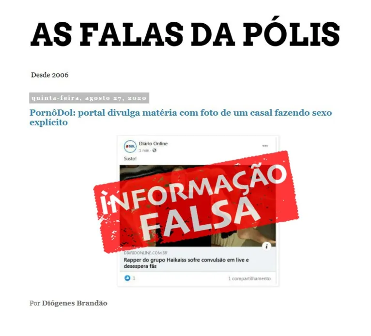 Diógenes Brandão compartilhou o conteúdo falso sem nenhuma checagem: https://diogenesbrandao.blogspot.com/2020/08/pornodol-portal-divulga-materia-com.html