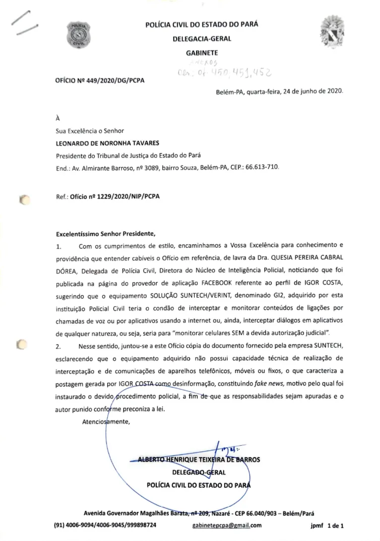 Os ofícios enviados ao procurador geral do Estado, ao presidente do TJPA e do Tribunal de Contas do Estado