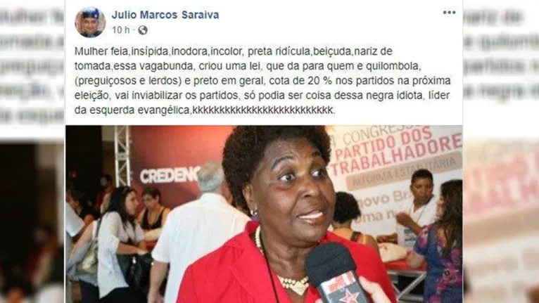 Paraense faz ofensas racistas a deputada. "Preta ridícula, beiçuda, nariz de tomada"