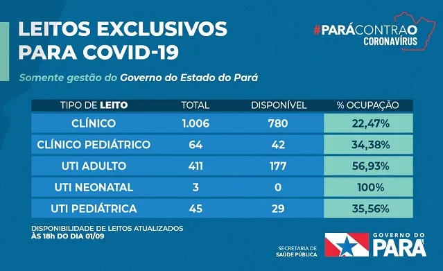 Tabela: porcentagem de leitos exclusivos para Covid-19 disponíveis