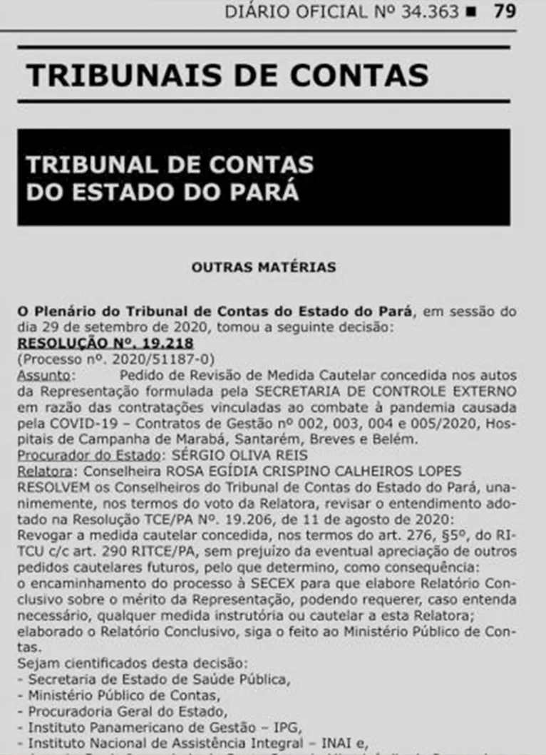 Tribunal de Contas do Estado aprova contratação de Organizações Sociais para atuar na pandemia